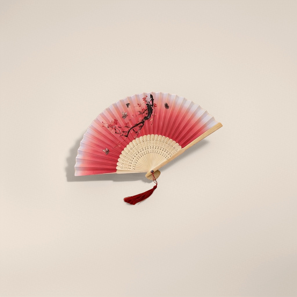 红色渐变樱花蝴蝶图案木质折扇 手工雕刻便携纳凉
