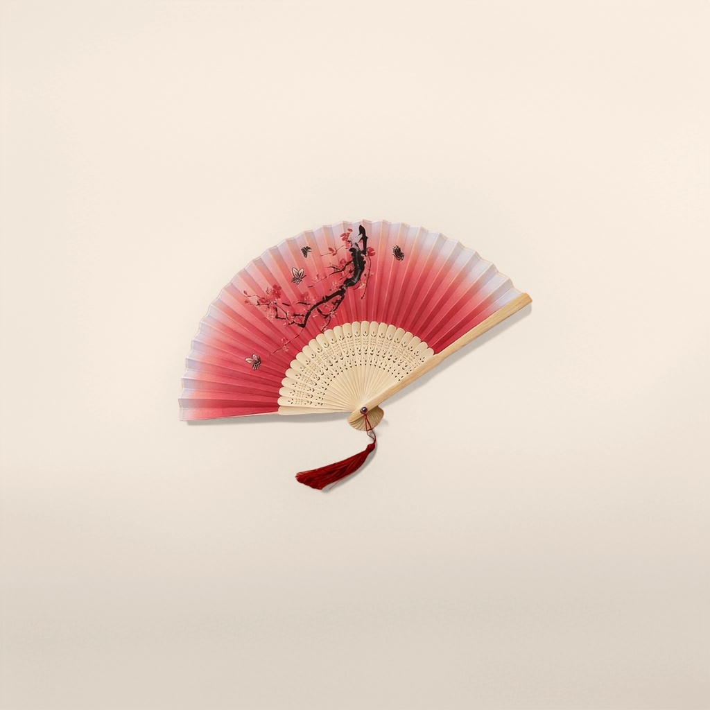红色渐变樱花蝴蝶图案的木质折扇产品图