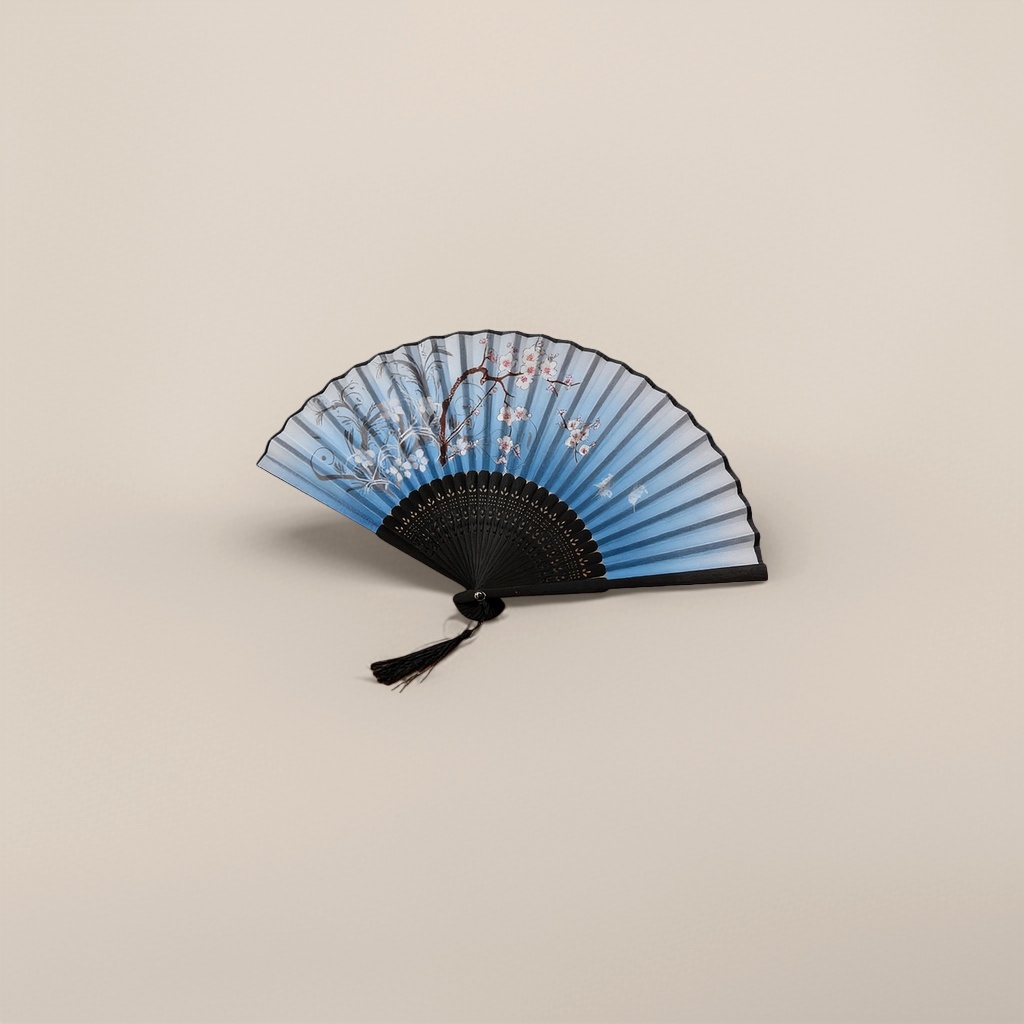 蓝色樱花图案折扇 手工竹骨团扇 纳凉古风便携扇