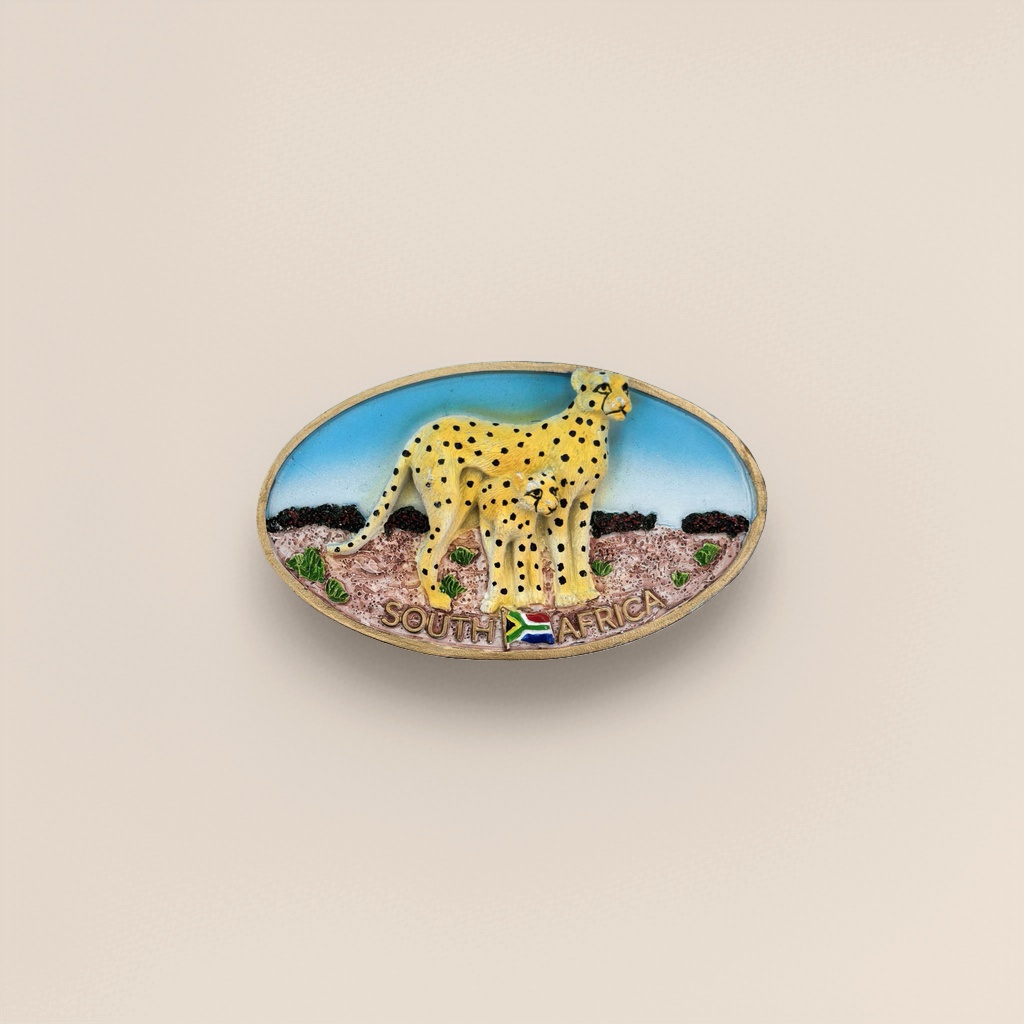Yellow cheetah sculpture oval magnetic patch con la bandera de sudáfrica y la palabra sudáfrica