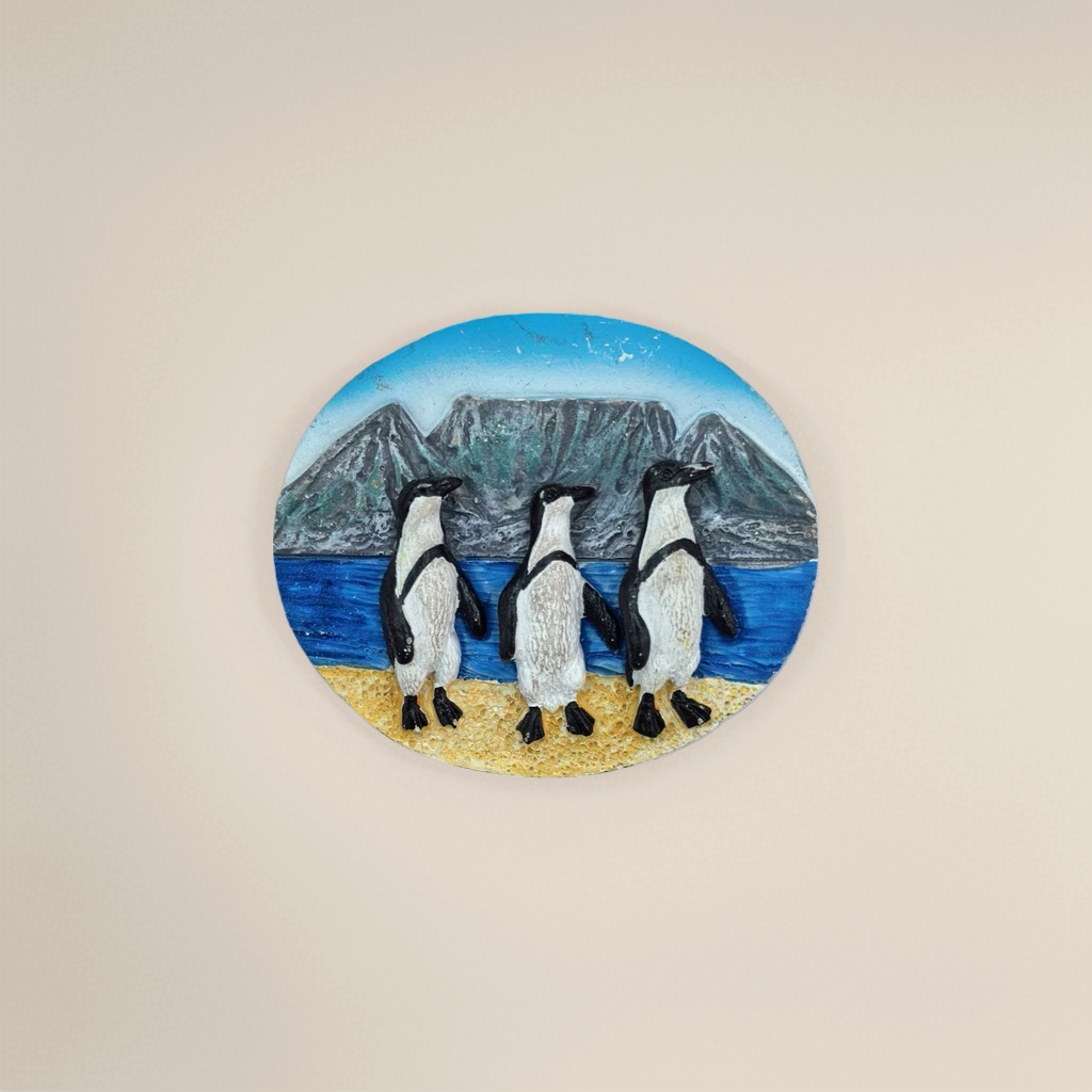 Colorful penguin landscape badge, metallic texture retro brooch decoration details Picture