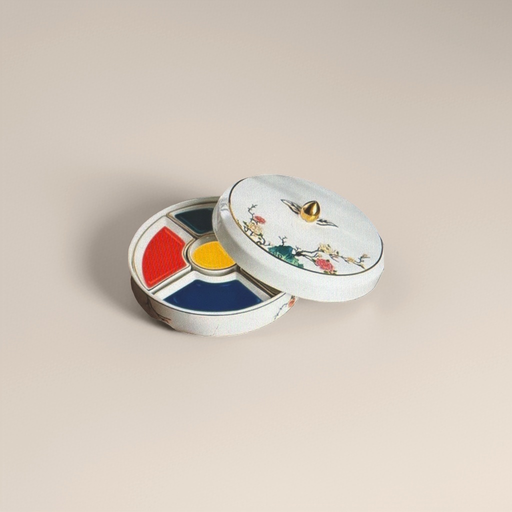 Blanco cerámico pintura floral paleta de colores con perilla superior dorada rojo amarillo azul pigmento tricolor con mesa de madera pincel pincel azul soporte pluma details Picture
