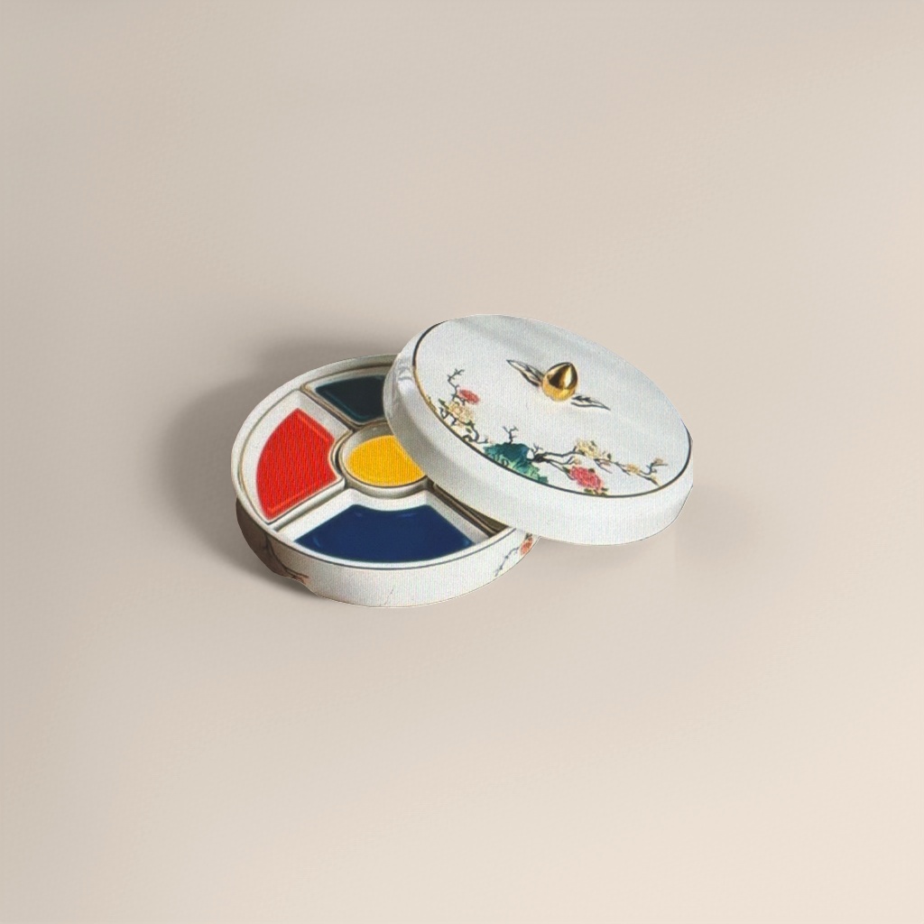 Blanco cerámico pintura floral paleta de colores con perilla superior dorada rojo amarillo azul pigmento tricolor con mesa de madera pincel pincel azul soporte pluma Application Scenario
