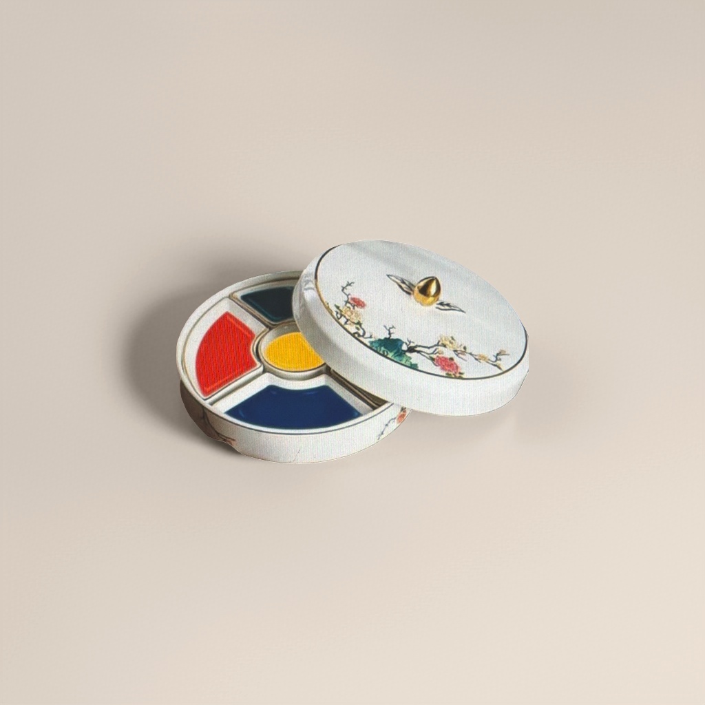 Blanco cerámico pintura floral paleta de colores con perilla superior dorada rojo amarillo azul pigmento tricolor con mesa de madera pincel pincel azul soporte pluma Specification image