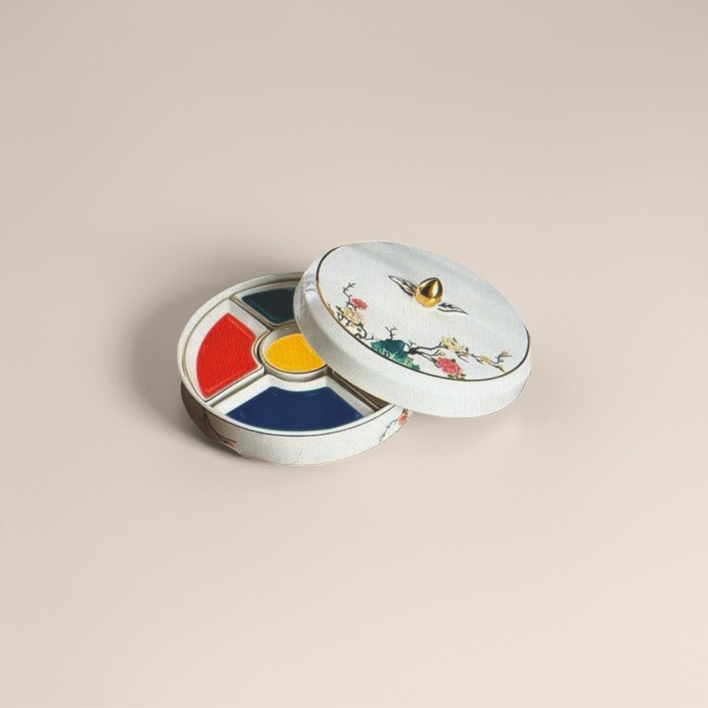 Blanco cerámico pintura floral paleta de colores con perilla superior dorada rojo amarillo azul pigmento tricolor con mesa de madera pincel pincel azul soporte pluma