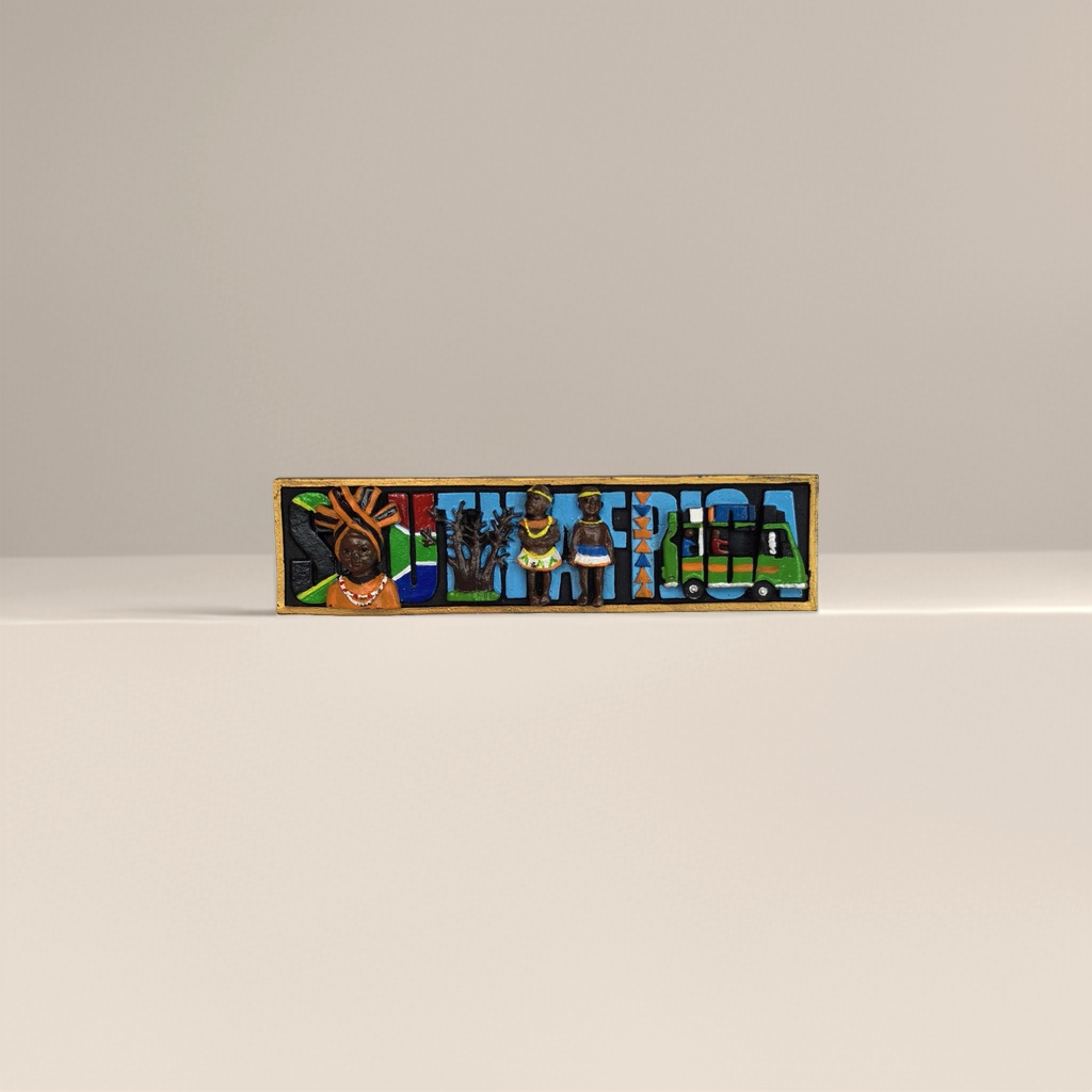 The colorful wooden South African decorative sign features three-dimensional elements of figures, trees and taxis Application Scenario