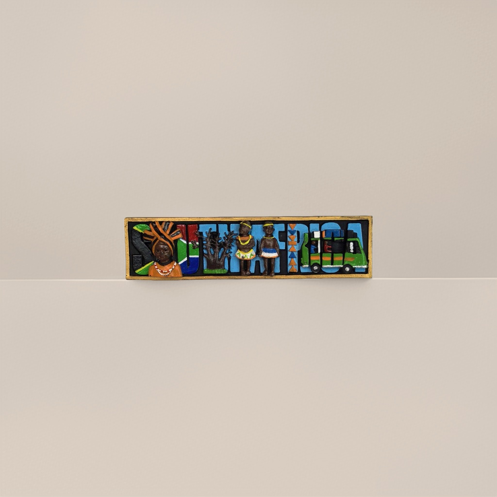 The colorful wooden South African decorative sign features three-dimensional elements of figures, trees and taxis details Picture