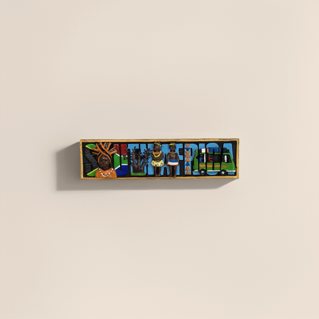 The colorful wooden South African decorative sign features three-dimensional elements of figures, trees and taxis Specification image