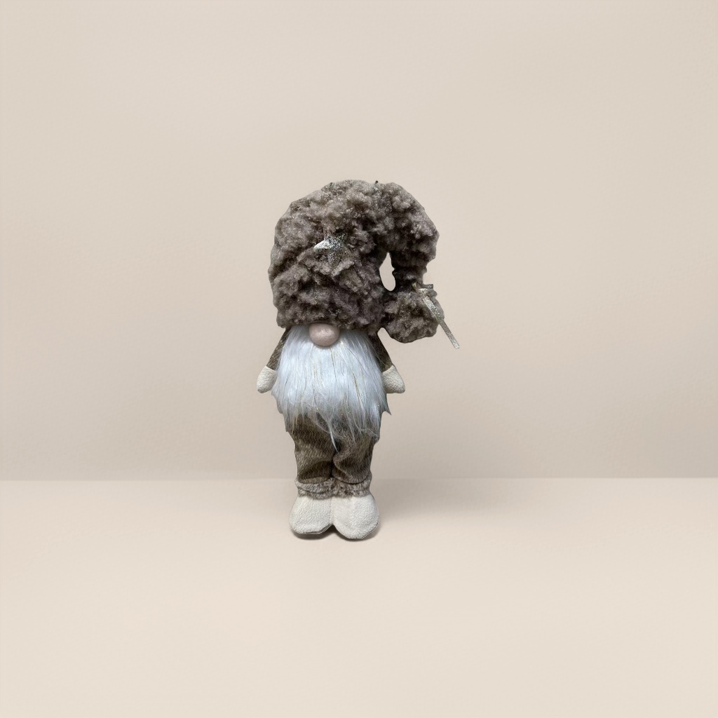 A Christmas grey curly Christmas dwarf doll with a silver star-decorated hat Application Scenario