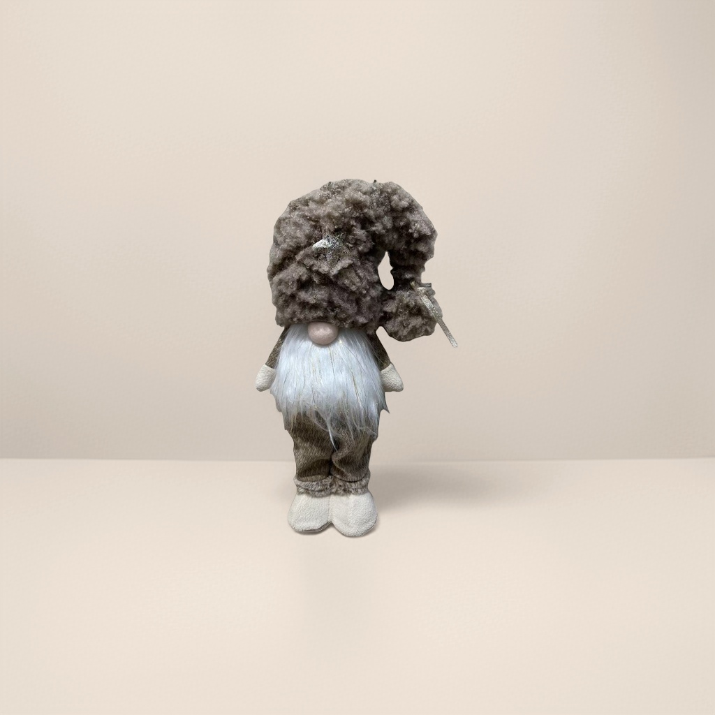A Christmas grey curly Christmas dwarf doll with a silver star-decorated hat
