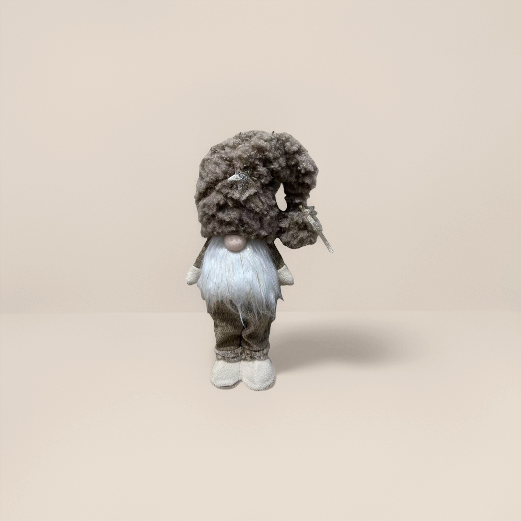 A Christmas grey curly Christmas dwarf doll with a silver star-decorated hat details Picture