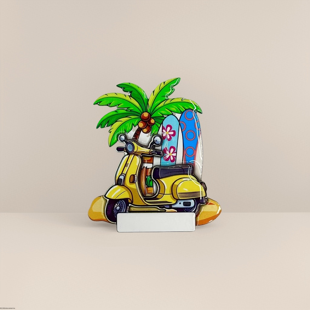Colorful cartoon seaside theme tiles, yellow pedals, motorcycles, coconut trees, surfboards, beach elements Application Scenario