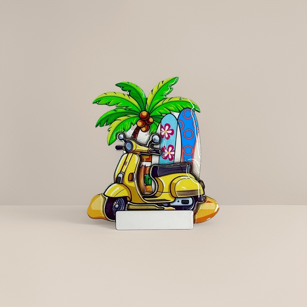 Colorful cartoon seaside theme tiles, yellow pedals, motorcycles, coconut trees, surfboards, beach elements