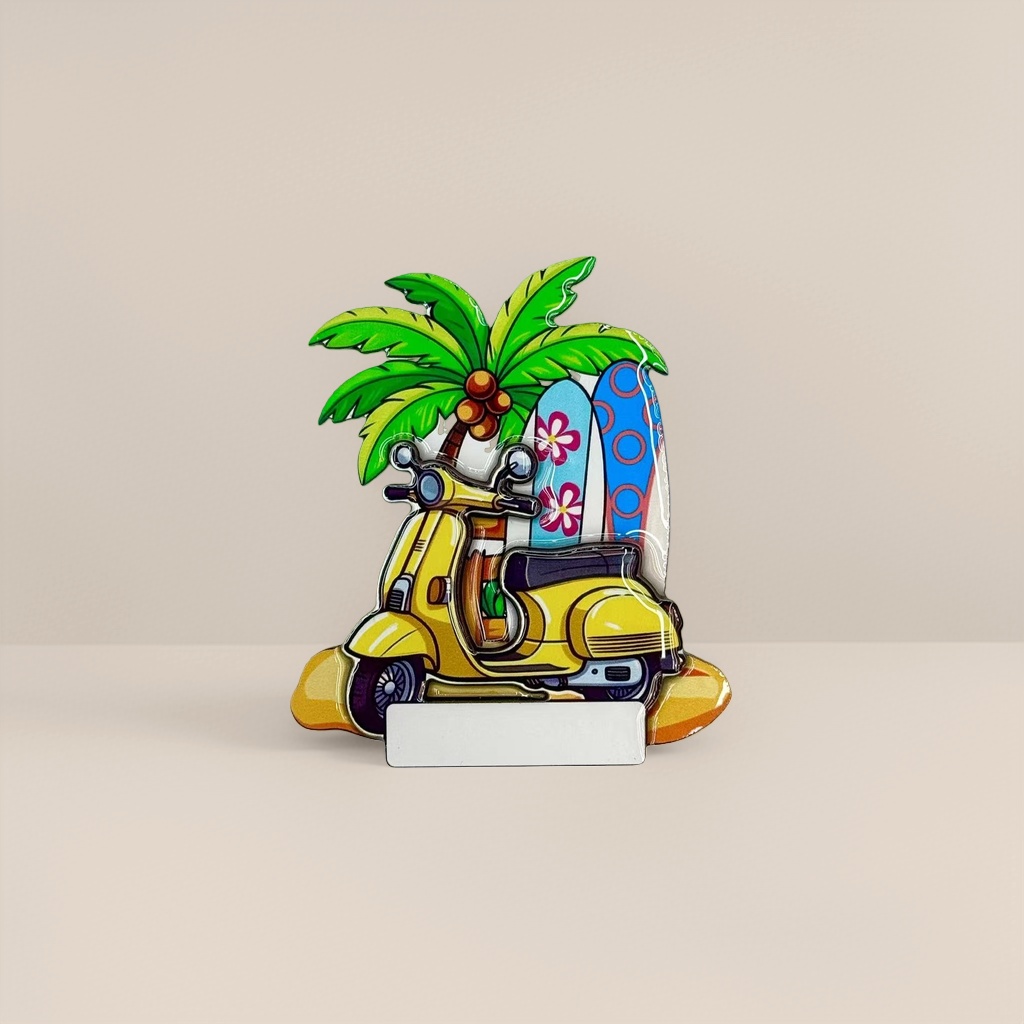 Colorful cartoon seaside theme tiles, yellow pedals, motorcycles, coconut trees, surfboards, beach elements Specification image