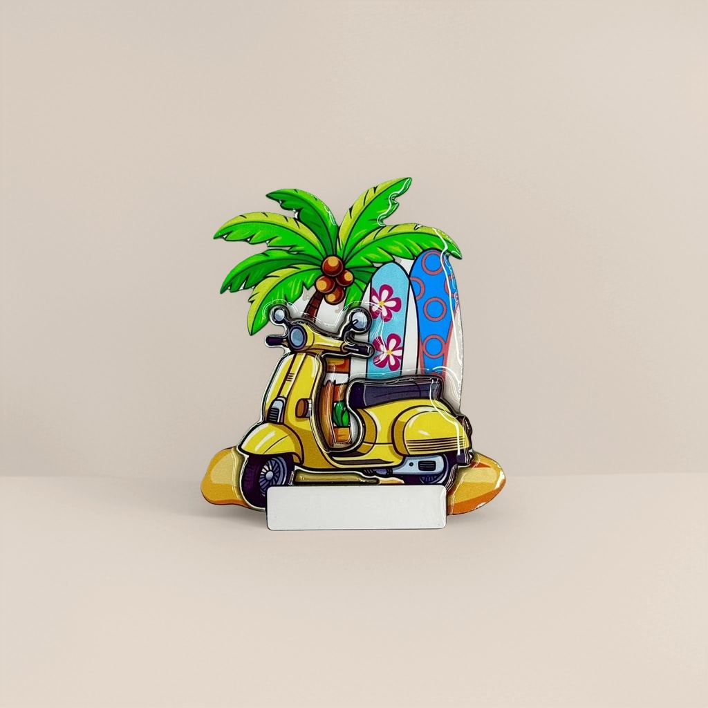 Colorful cartoon seaside theme tiles, yellow pedals, motorcycles, coconut trees, surfboards, beach elements details Picture