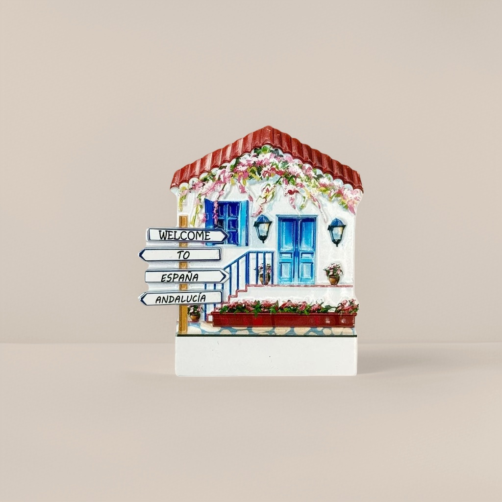 Colorful house-shaped fridge magnets, blue doors and Windows, red roof, floral decorations, WELCOME TO ESPANA ANDALUCIA road signs Specification image