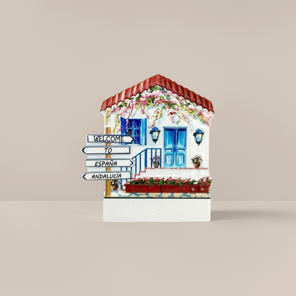 Colorful house-shaped fridge magnets, blue doors and Windows, red roof, floral decorations, WELCOME TO ESPANA ANDALUCIA road signs details Picture