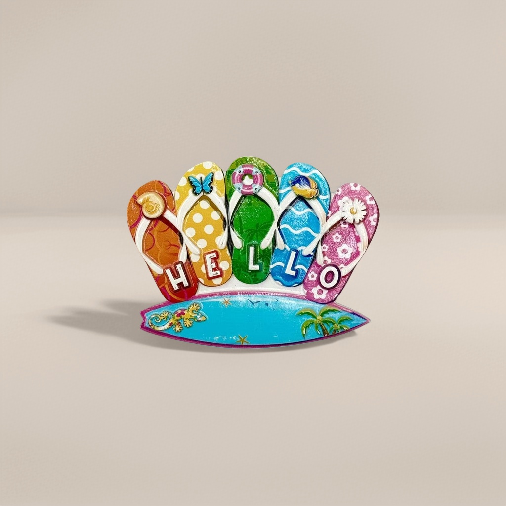 Creative home decoration with colorful flip-flops and HELLO surfboard base Application Scenario