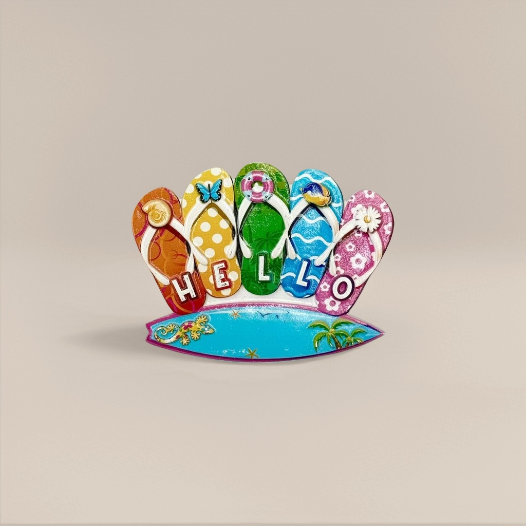 Creative home decoration with colorful flip-flops and HELLO surfboard base Specification image
