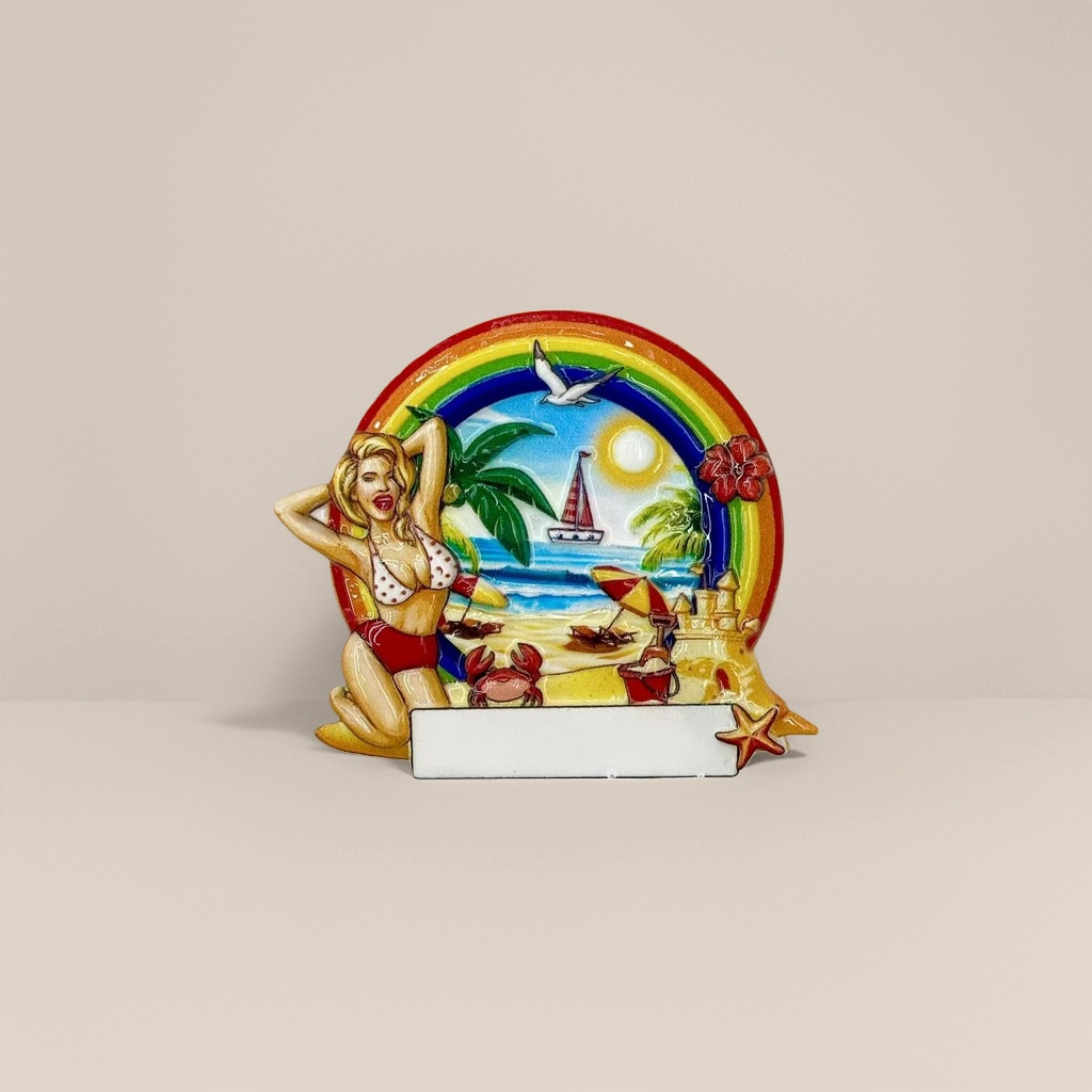 Colorful beach-themed tiles: Blonde, rainbow, palm tree, sailboat, crab, beach castle, starfish