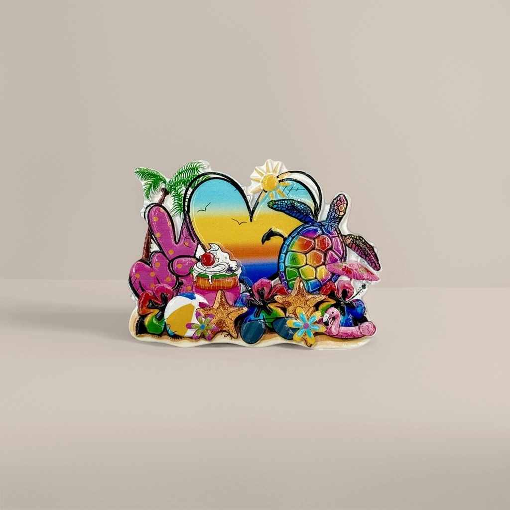 Colorful beach-themed tiles, turtle hearts, sunset, palm tree ice cream, stars, flamingos, flowers