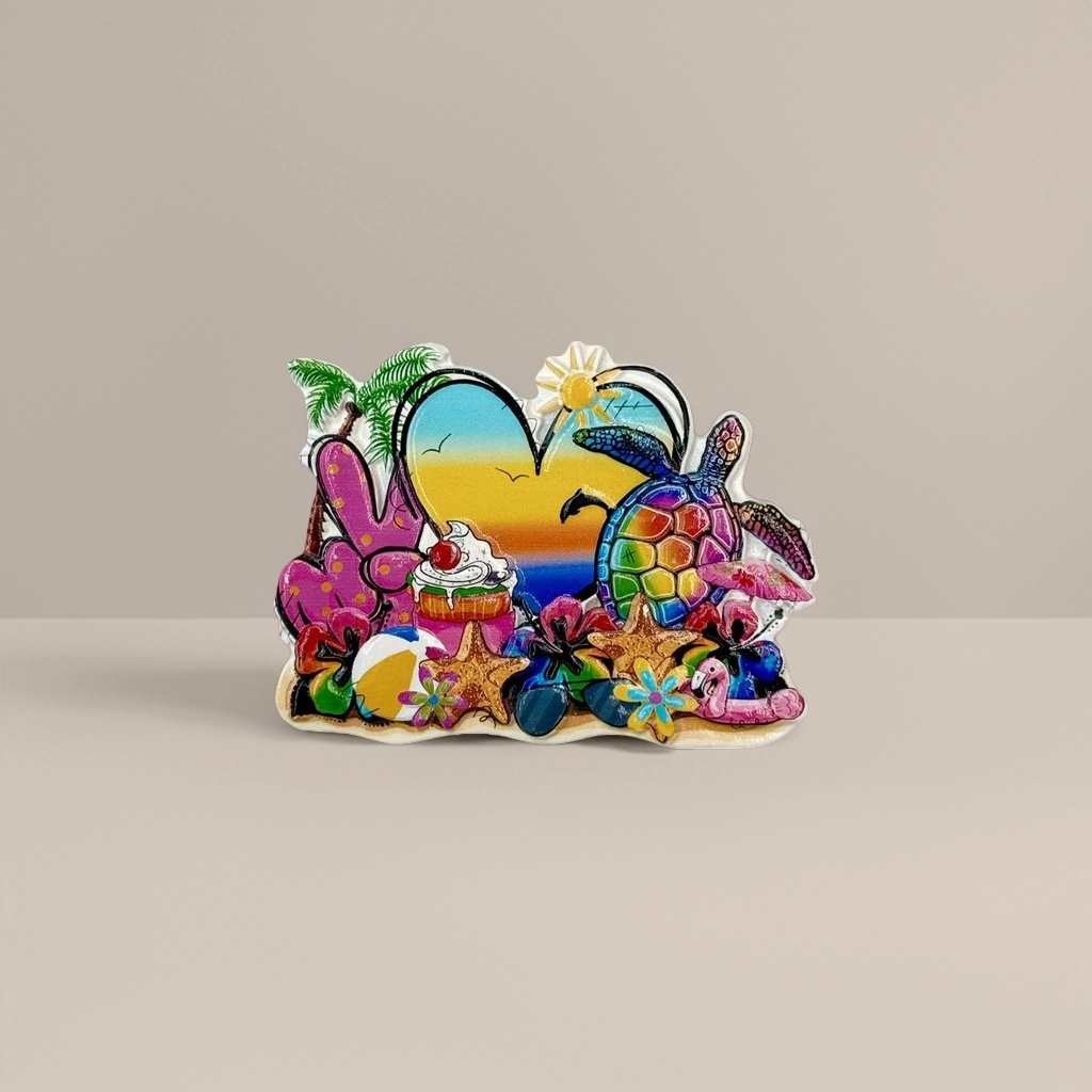 Colorful beach-themed tiles, turtle hearts, sunset, palm tree ice cream, stars, flamingos, flowers Specification image