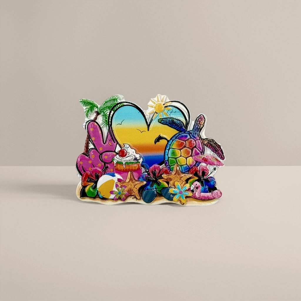 Colorful beach-themed tiles, turtle hearts, sunset, palm tree ice cream, stars, flamingos, flowers details Picture