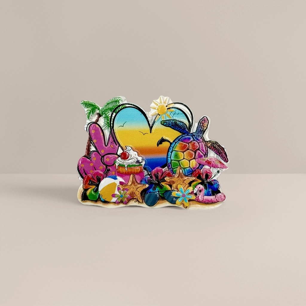 Colorful beach-themed tiles, turtle hearts, sunset, palm tree ice cream, stars, flamingos, flowers Application Scenario