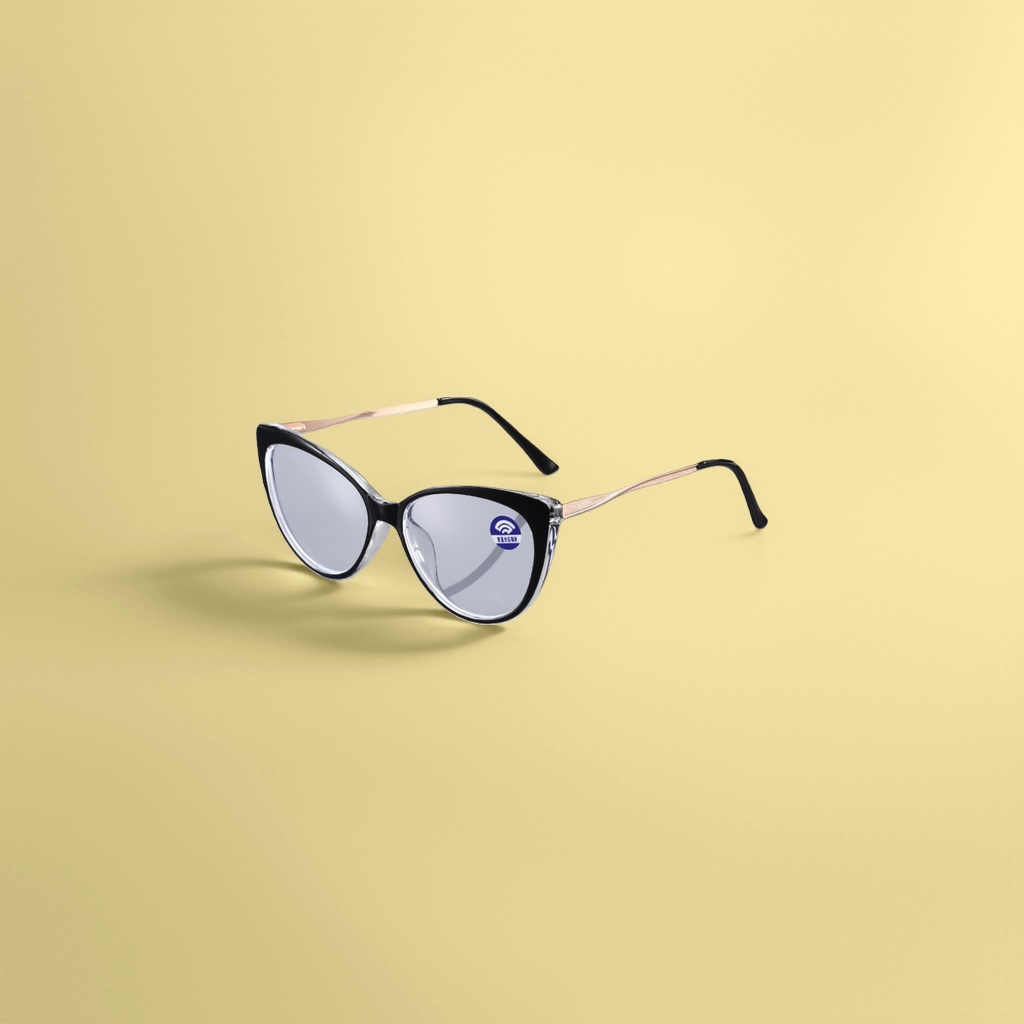 Black cat-eye glasses frame, golden metal nose bridge, temple, transparent lenses with blue anti-blue light label details Picture