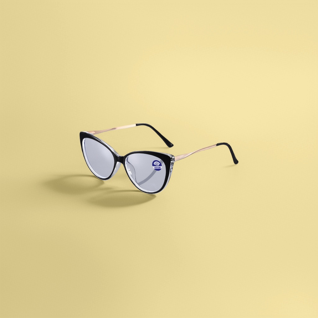 Black cat-eye glasses frame, golden metal nose bridge, temple, transparent lenses with blue anti-blue light label Specification image