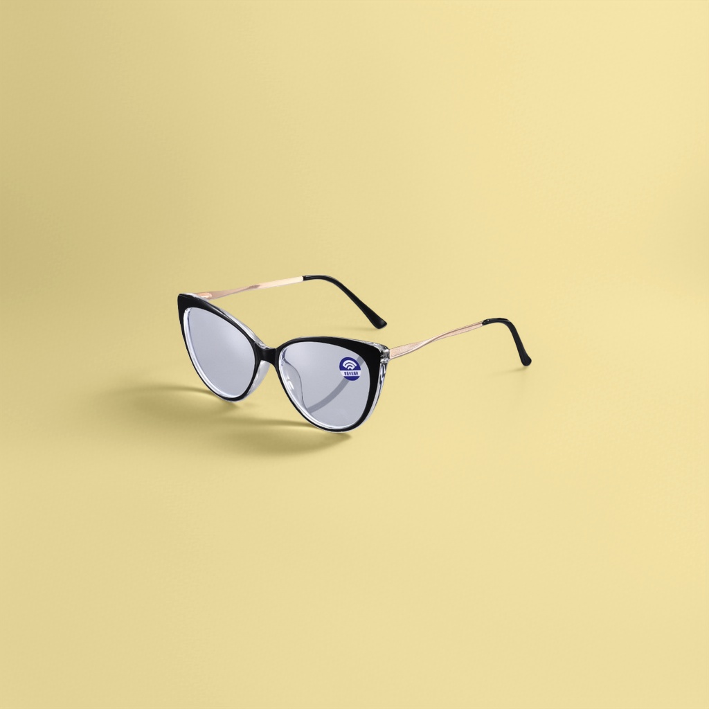 Black cat-eye glasses frame, golden metal nose bridge, temple, transparent lenses with blue anti-blue light label Application Scenario
