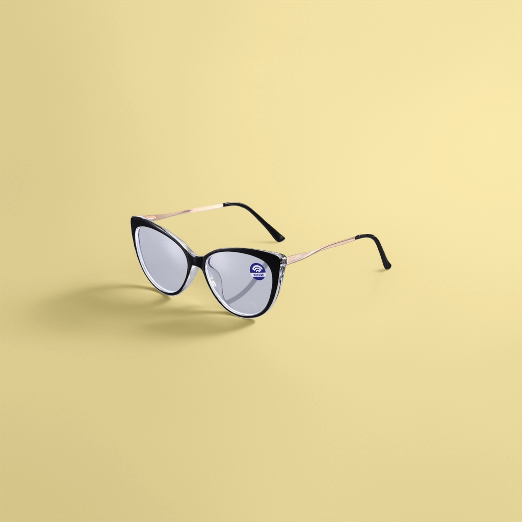 Black cat-eye glasses frame, golden metal nose bridge, temple, transparent lenses with blue anti-blue light label