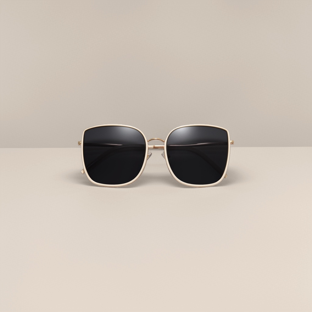 Beige framed, golden slender frame, black lens sunglasses details Picture