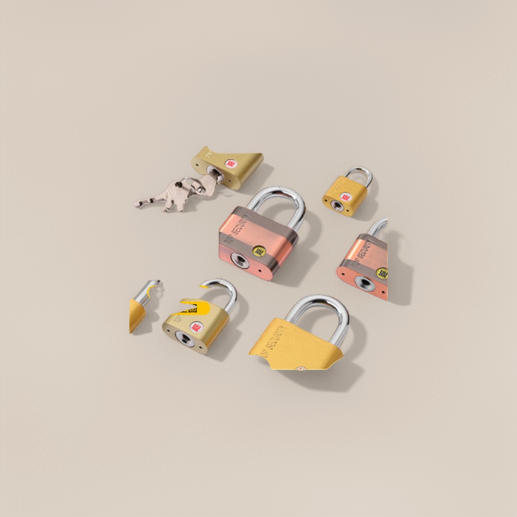 Golden copper-colored padlock, metal lock beam with key, household anti-theft lock details Picture