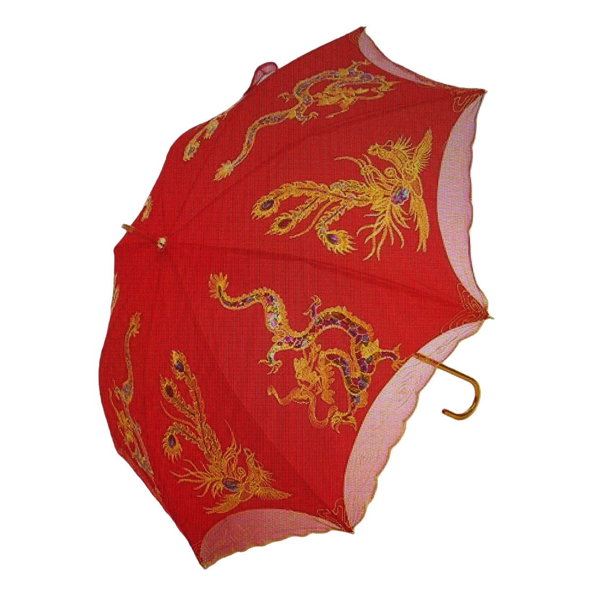 Paraguas de sol y lluvia con patrón de dragón y fénix bordados de oro rojo Item Picture