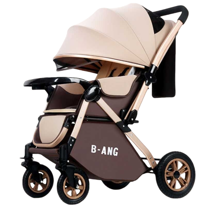 The beige sunshade with a brown baby stroller is portable, lightweight and foldable for sun protection and shading Item Picture