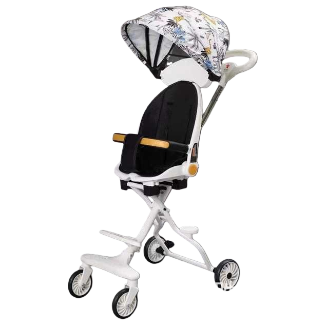 The white baby stroller with a floral pattern sunshade and black seat is lightweight and foldable Item Picture