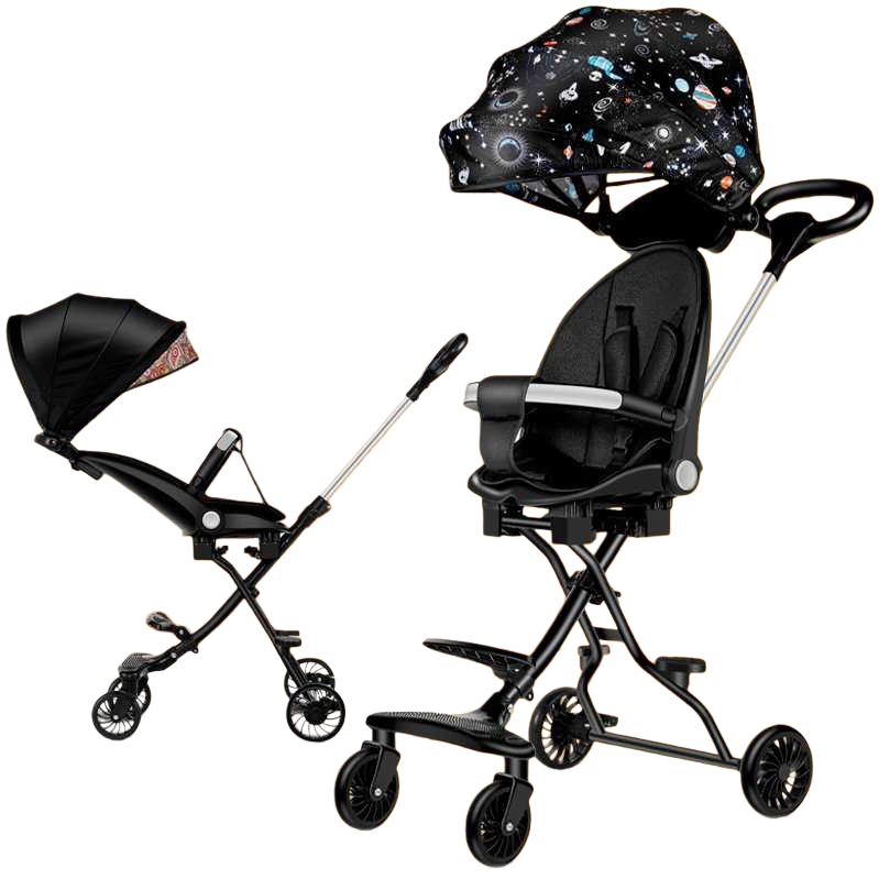 The black baby stroller has an aluminum alloy frame. It can be retracted with one button and pushed in both directions, suitable for both weather and rain Item Picture