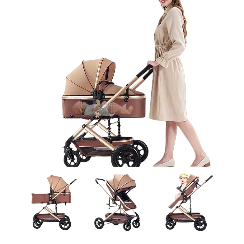 Beige baby stroller with three-stage convertible basket, sitting position, golden frame and black wheels Item Picture