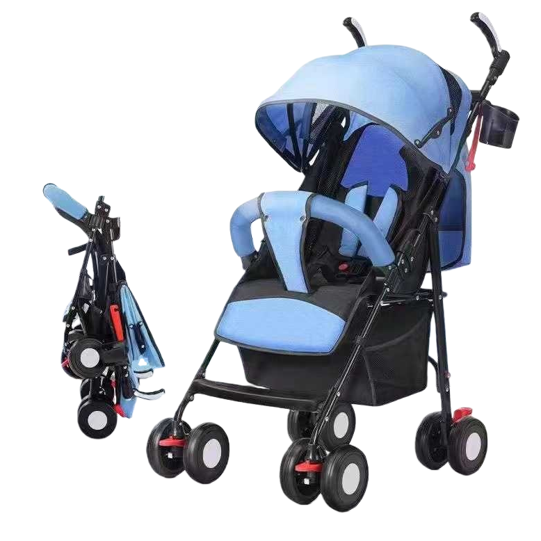 Blue baby stroller with aluminum alloy frame, summer breathable mesh fabric and adjustable sunshade Item Picture