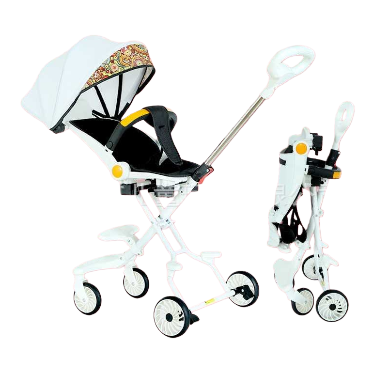 White baby stroller with sunshade, black seat, foldable four-wheel design Item Picture