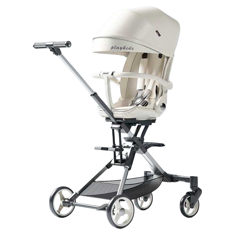 The off-white baby stroller is lightweight, foldable, suitable for sitting or lying down, shock-absorbing and offers a high view Item Picture