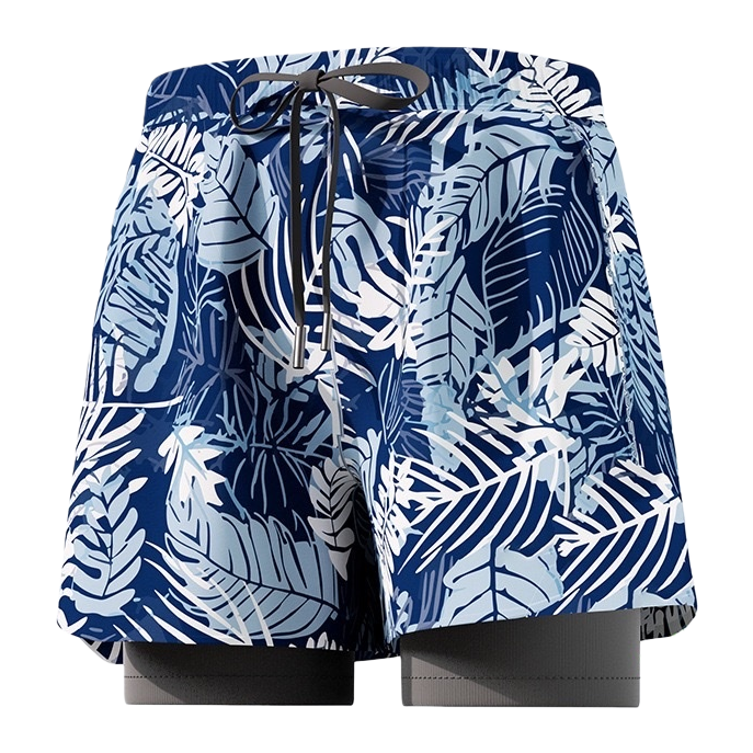 Blue tropical leaf pattern beach shorts for men, quick-drying casual capri pants Item Picture