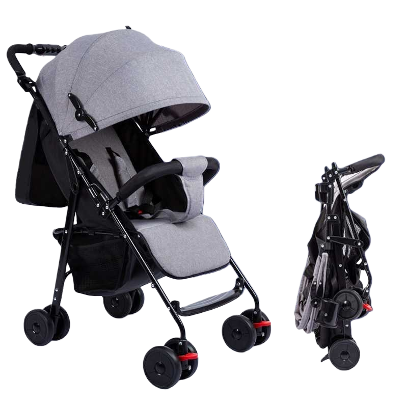The grey baby stroller with an aluminum alloy frame features a one-button retraction and bidirectional push, making it suitable for newborns Item Picture