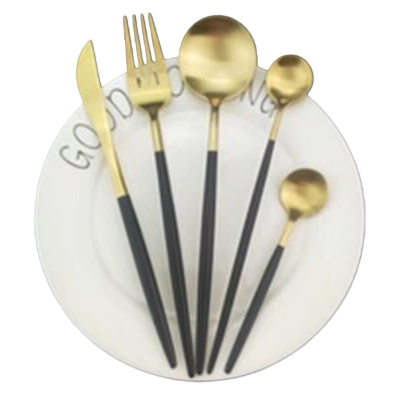 A scene photo of a golden tableware set and a white plate posed Item Picture