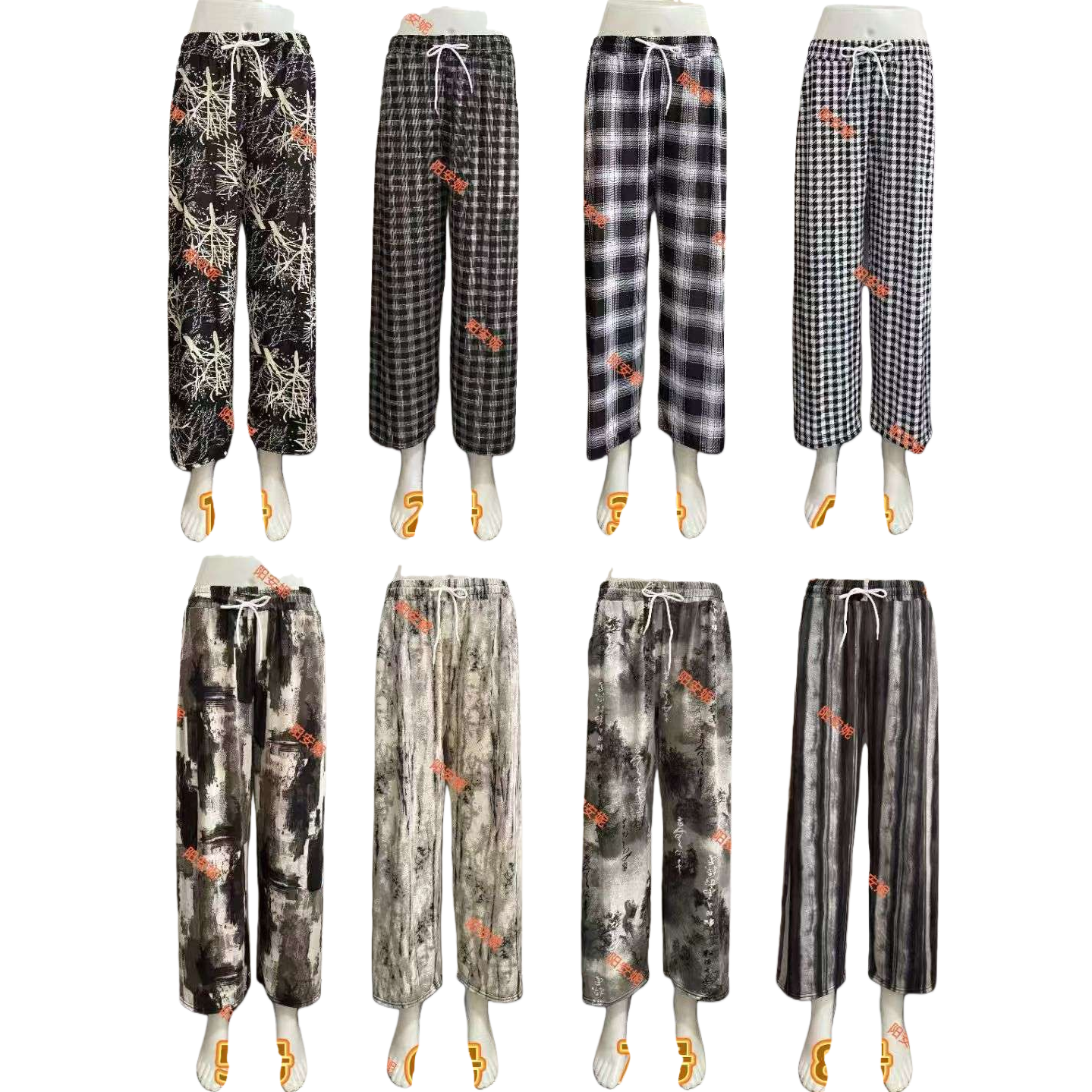 Black and white patterned long pants for women, high-waisted and slimming straight-leg casual pants Item Picture