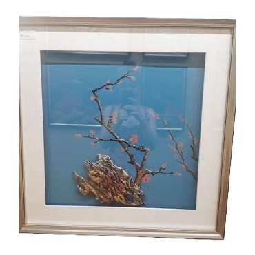 蓝色背景刺绣梅花枝干与山石装饰画白底实物图
