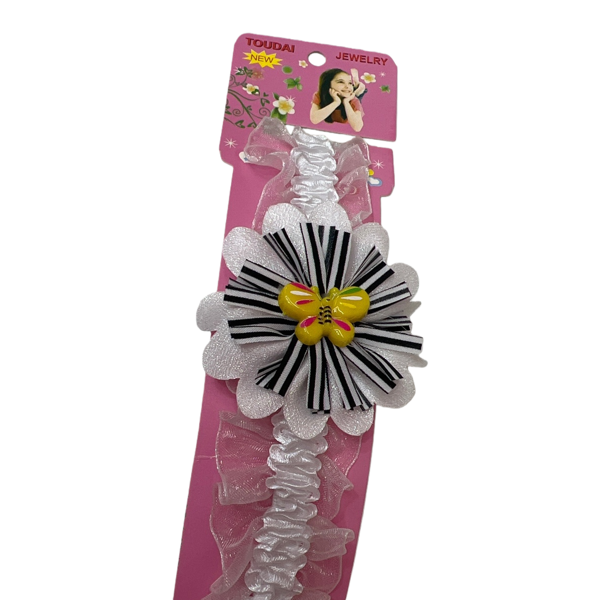 Rosa niños aros de pelo encaje blanco encaje rayas blancas y blancas flores amarillo mariposa decoración Item Picture
