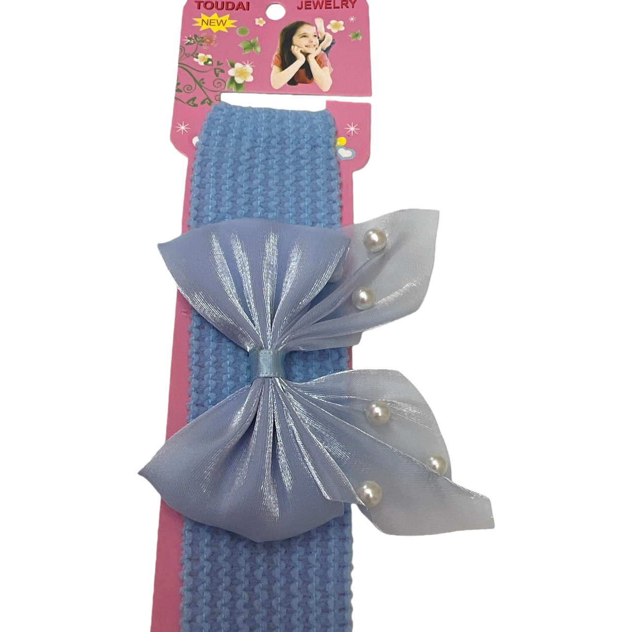 A fashionable and versatile adult headpiece for girls decorated with a blue hair band and pearl bows Item Picture