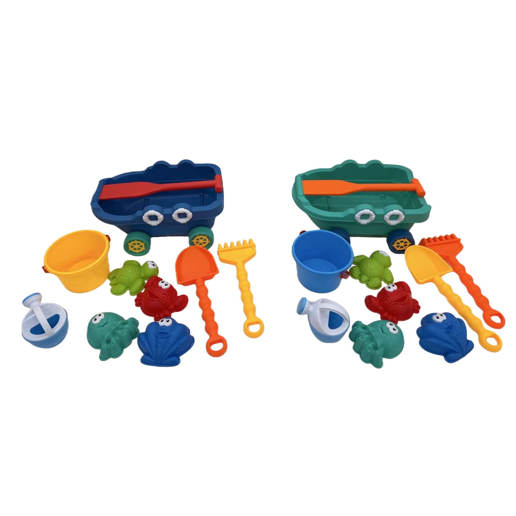 Colorful beach toy set including small boats, buckets, shovels, rakes and animal molds Item Picture